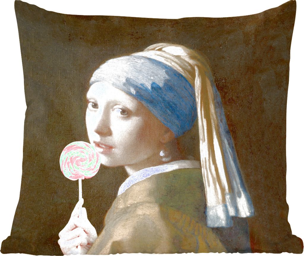 MuchoWow Zierkissen Sofakissen Wohnzimmer Dekokissen 40x40 cm Das Mädchen mit dem Perlenohrring - Vermeer - Süßigkeiten - Foto Kissen - Schlaf...
