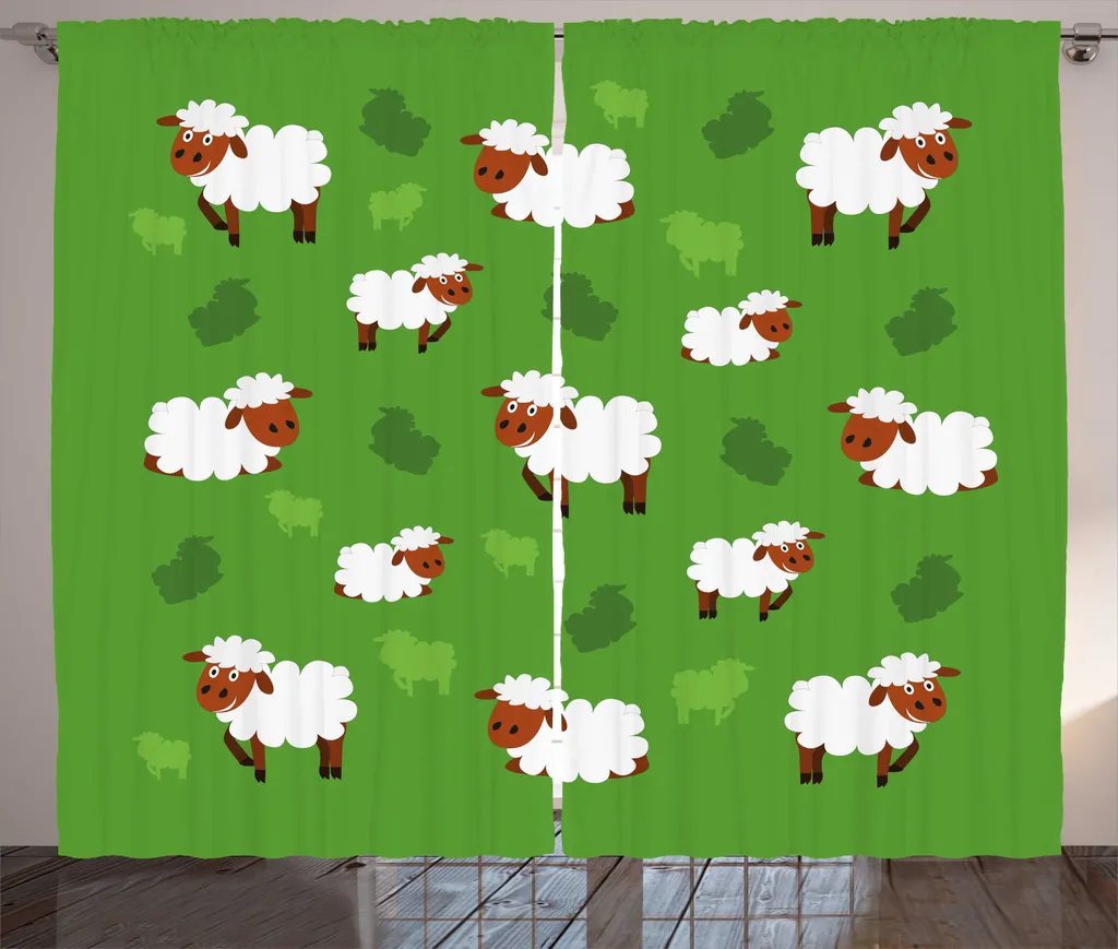 Rideau pour Décoration Campagne de Salon Largeur 280 cm Motif Mouton Vert