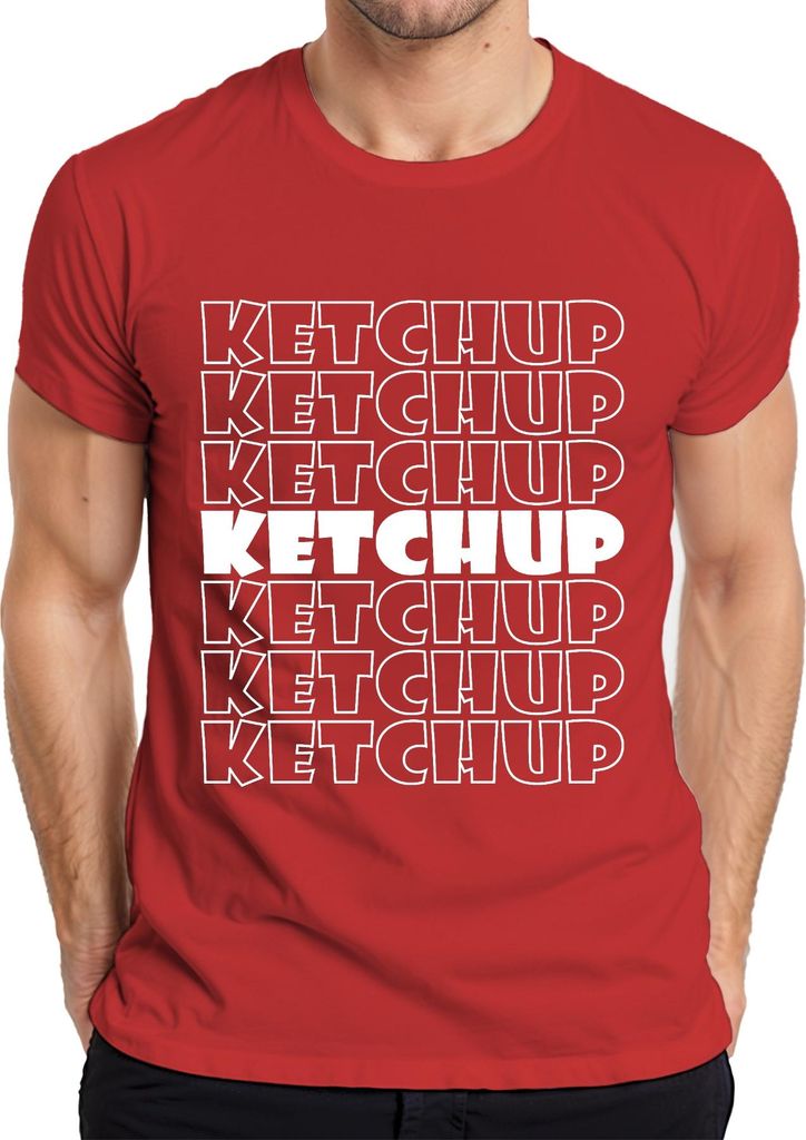 Ketchup Schriftzug Pop Art Retro Muster Pommes Burger Fan Vintage Herren T-Shirt, Rot, M