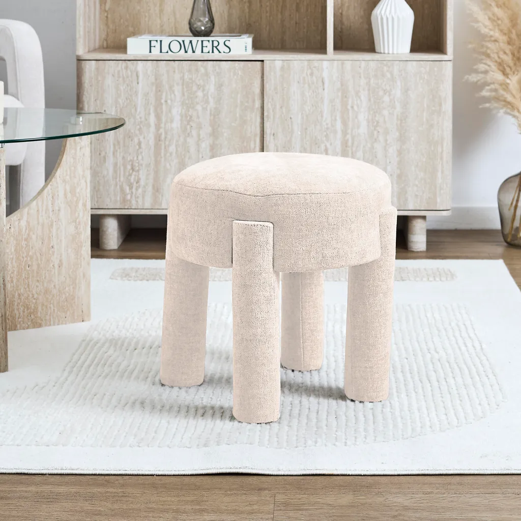 Tabouret Emilia Beige en tissu bouclé et structure robuste renforcée