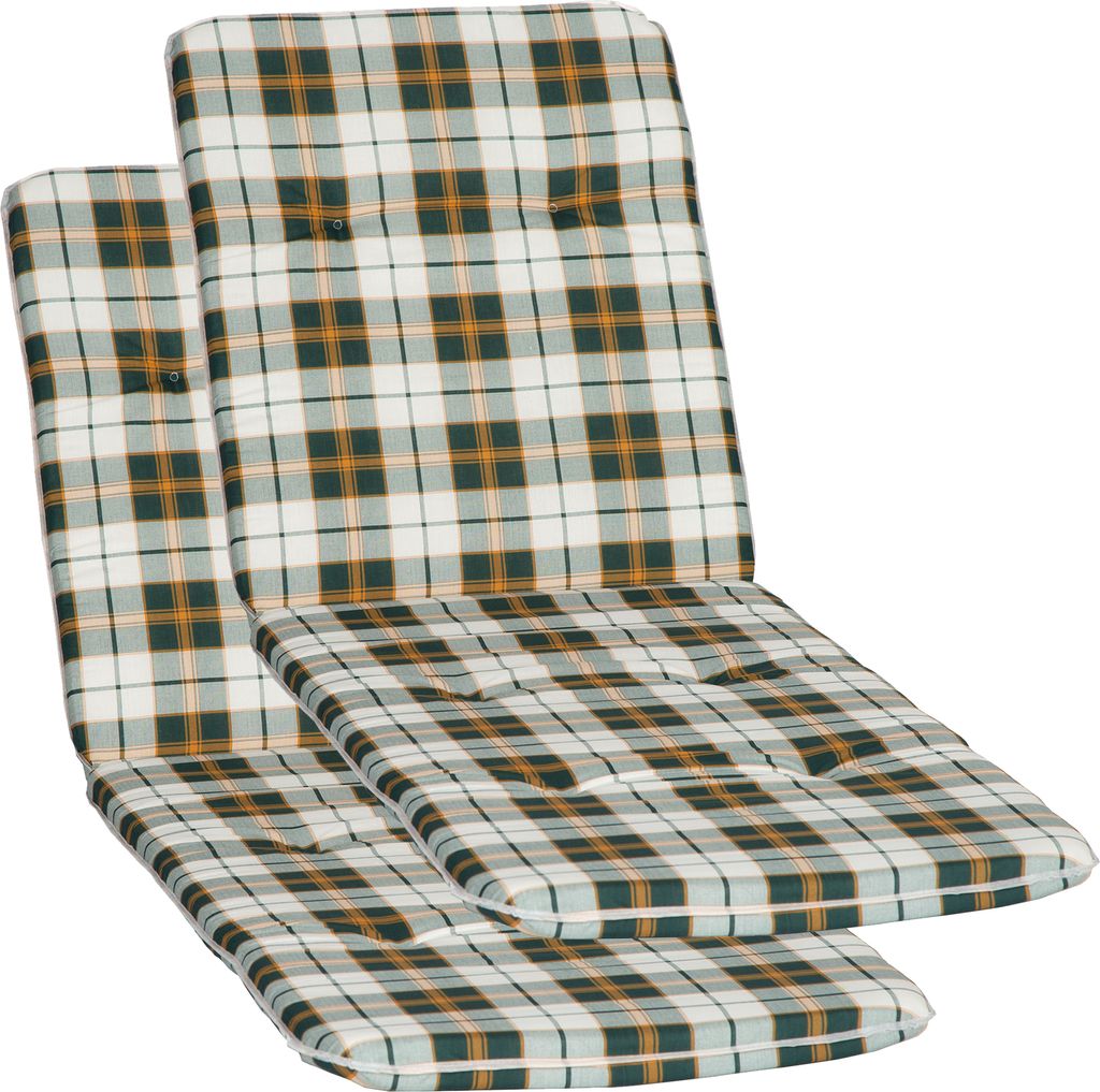 NYVI Liegenauflagen Hawaii 2er Set - 193x60 cm Grün Orange Weiß Kariert - Gartenmöbel Auflage mit 5 cm Polster und Gummi-Halteband