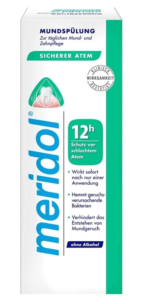 A product shot of Meridol mouthwash packaging against a white background.