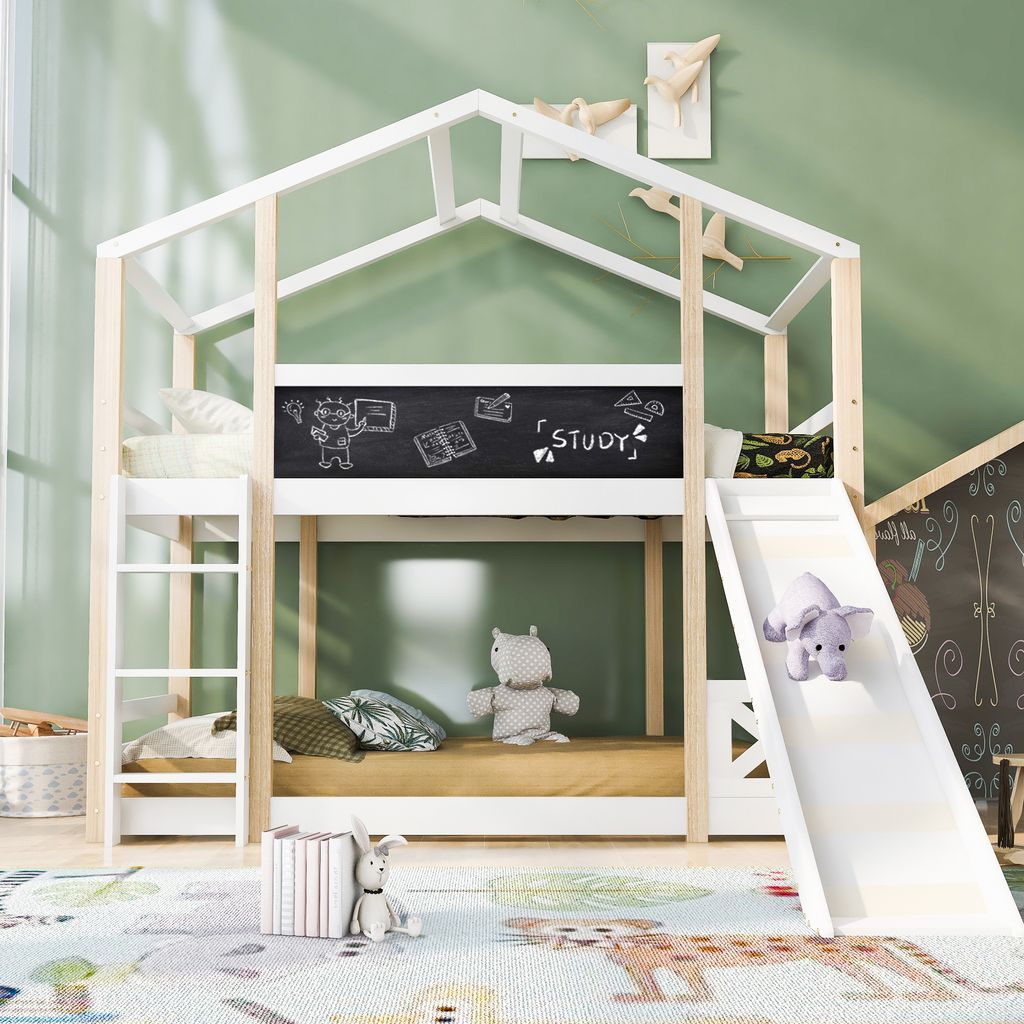 okwish Etagenbe Baumhaus Kinderbett 90 x 200 mit Rutsche & Leiter, Hochbett mit Rausfallschutz, Funktionsbett, Massivholz Hausbett ohne Matratze Weiß