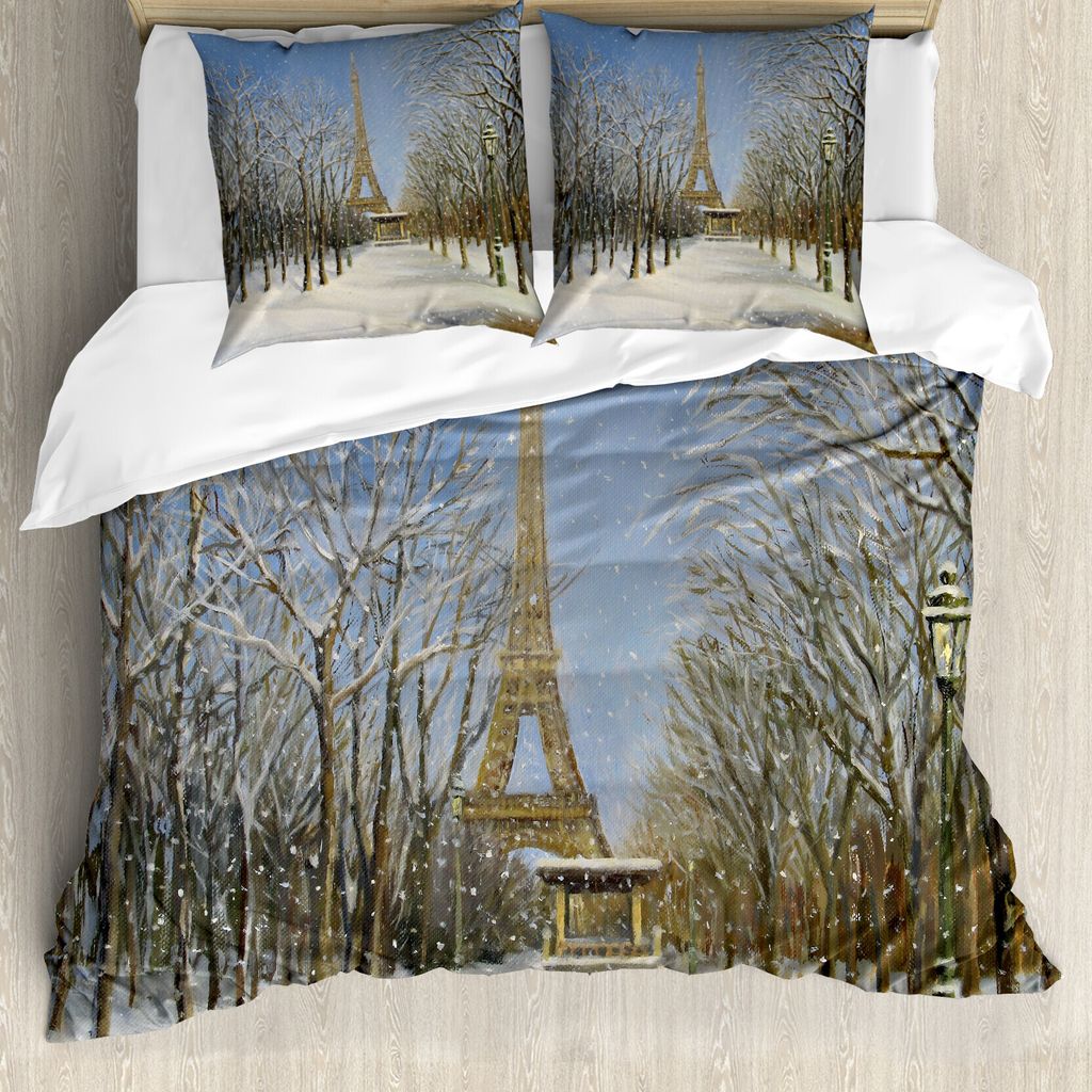ABAKUHAUS Land Bettbezug, Snowy Paris Blick auf die Stadt, Milbensicher Allergiker geeignet mit Kissenbezügen, 200 cm x 200 cm - 80 x 80 cm, Weiß...