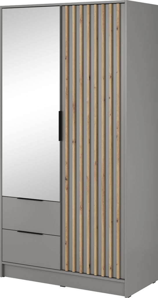 Masseno Drehtürenschrank NELIANA 105 cm Kleiderschrank Schlafzimmer Schrank 2-türig mit Spiegel Grau