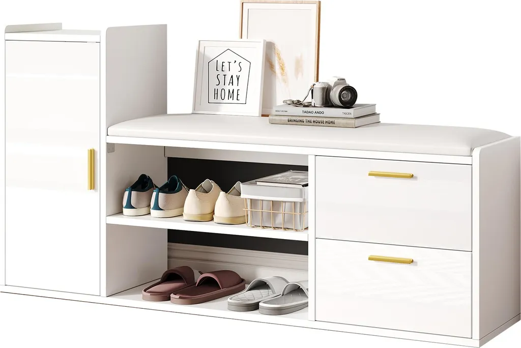 okwish Meuble à chaussures ouvert avec poignées métal et banc blanc - 10