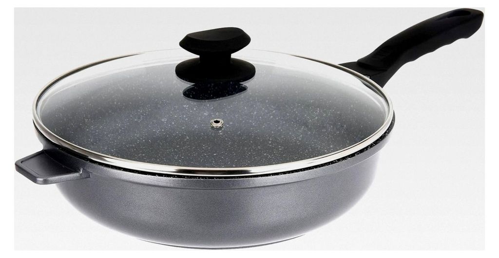 Schmorpfanne aus Aluguss, Steinoptik innen, Ø 28 cm, Höhe 7 cm, 2-lagige Antihaftbeschichtung, ohne , Dampfdeckel aus Glas, Soft-Touch-Griff, fü...