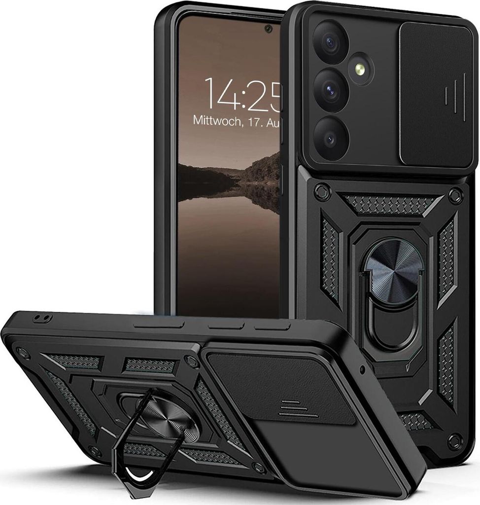 A black phone case with a camera cover and ring stand, shown from multiple angles.