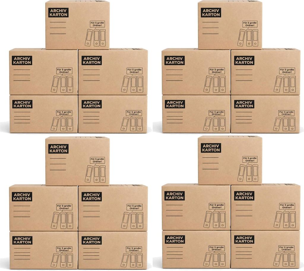 BURI Archivkarton Aktenkarton 20er Set für 5 große A4 Ordner, stabiler Archivbox aus Wellpappe mit Steckdeckel, stapelbar bis 30 kg, mit Griffen ...
