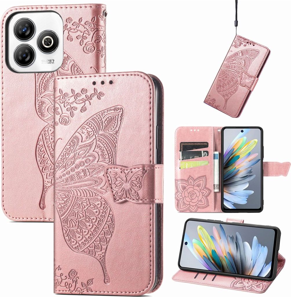 Für ZTE Blade A75 4G Kunstleder Wallet Handy Tasche Schmetterling Design Hülle Etuis Rosa
