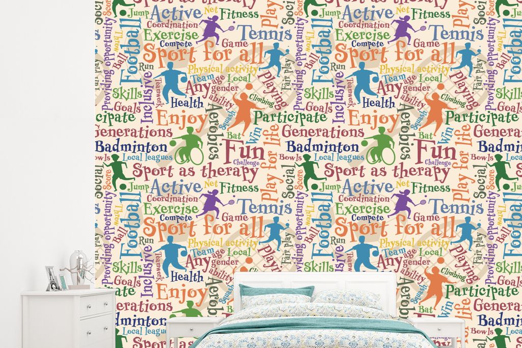 MuchoWow Fototapete für Wohnzimmer oder Schlafzimmer Wandtapete Vinyl Motivtapete Muster - Sport - Alphabet - Zitate - 245x220 cm - Gemustert