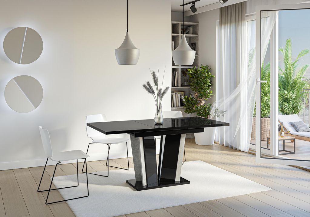 Esstisch DOHA II, Stilvoll Ausziehbar Esszimmertisch, Design Tisch, Esszimmer (Schwarz Hochglanz + Beton)