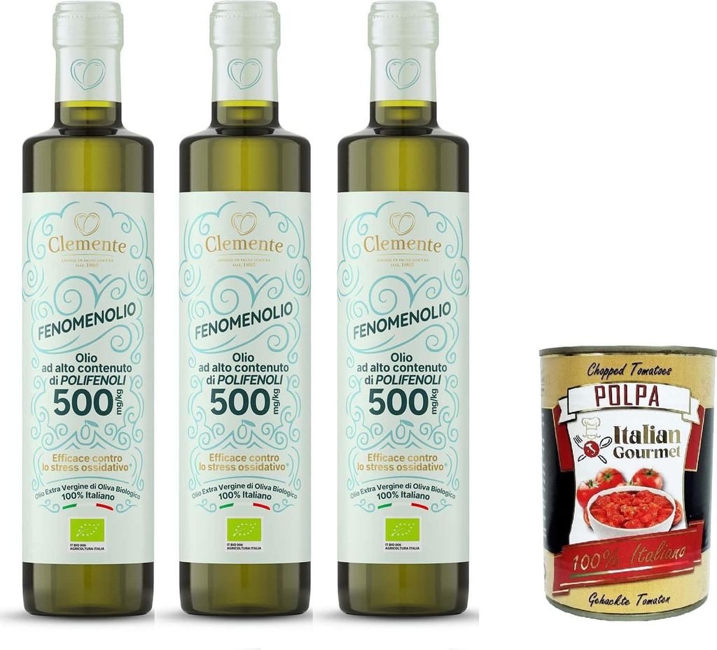 Clemente 100% Natives Olivenöl Extra „Fenomenolio“ mit hohem Polyphenolgehalt – 3x500 ml+ Italian Gourmet polpa 400g