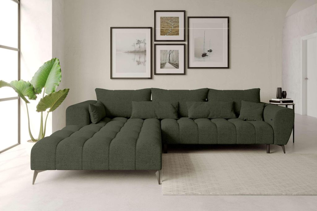 99rooms Ferrano Ecksofa Chenille EDEN Olive Links mit Sitztiefenverstellung