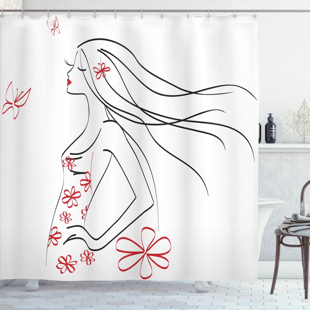 ABAKUHAUS Tenda da doccia con animali, ragazza con vestito e ornamenti floreali, farfalle e frange artistiche, 175 x 200 cm, grigio antracite e rosso cinabro