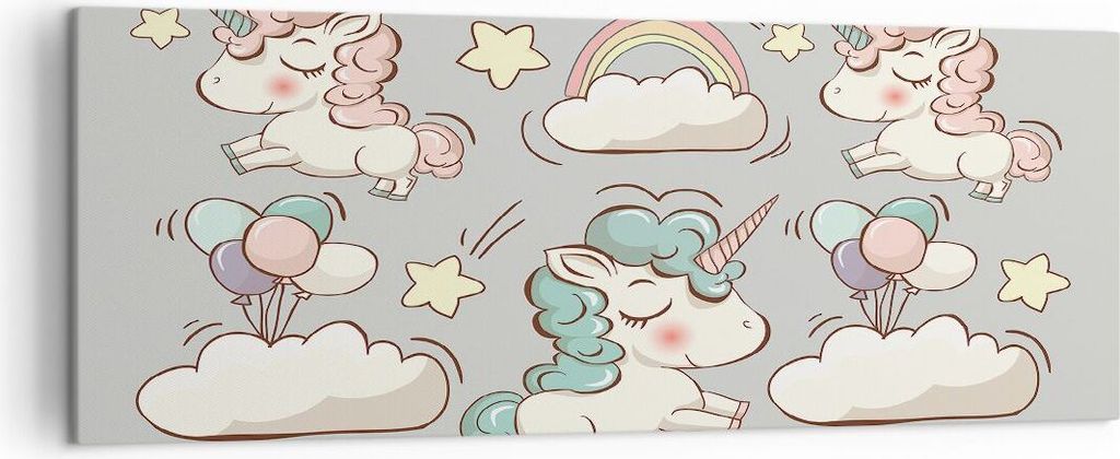 Bild auf Leinwand - Leinwandbild - Wolke Tapete Einhorn Ballon - 140x50cm - Wand Bild - Wanddeko - Leinwanddruck - Bilder - Kunstdruck - Wanddekora...