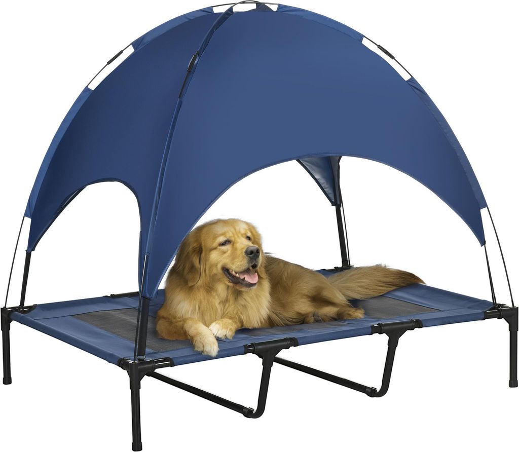 Outdoor-Hundeschlafplatz Wetterfestes Hundebett, mit Baldachin, klappbar, 122 x 92 x 108 cm, Blau + Schwarz