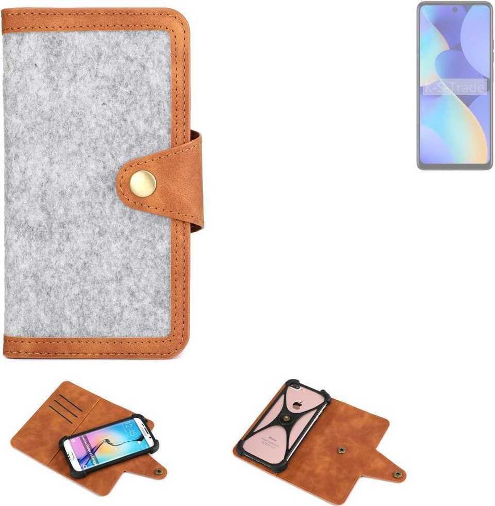 K-S-Trade Handyhülle kompatibel mit Tecno Spark 10 Schutzhülle Filz-Hülle Kunst-Leder hellgrau braun (1x)