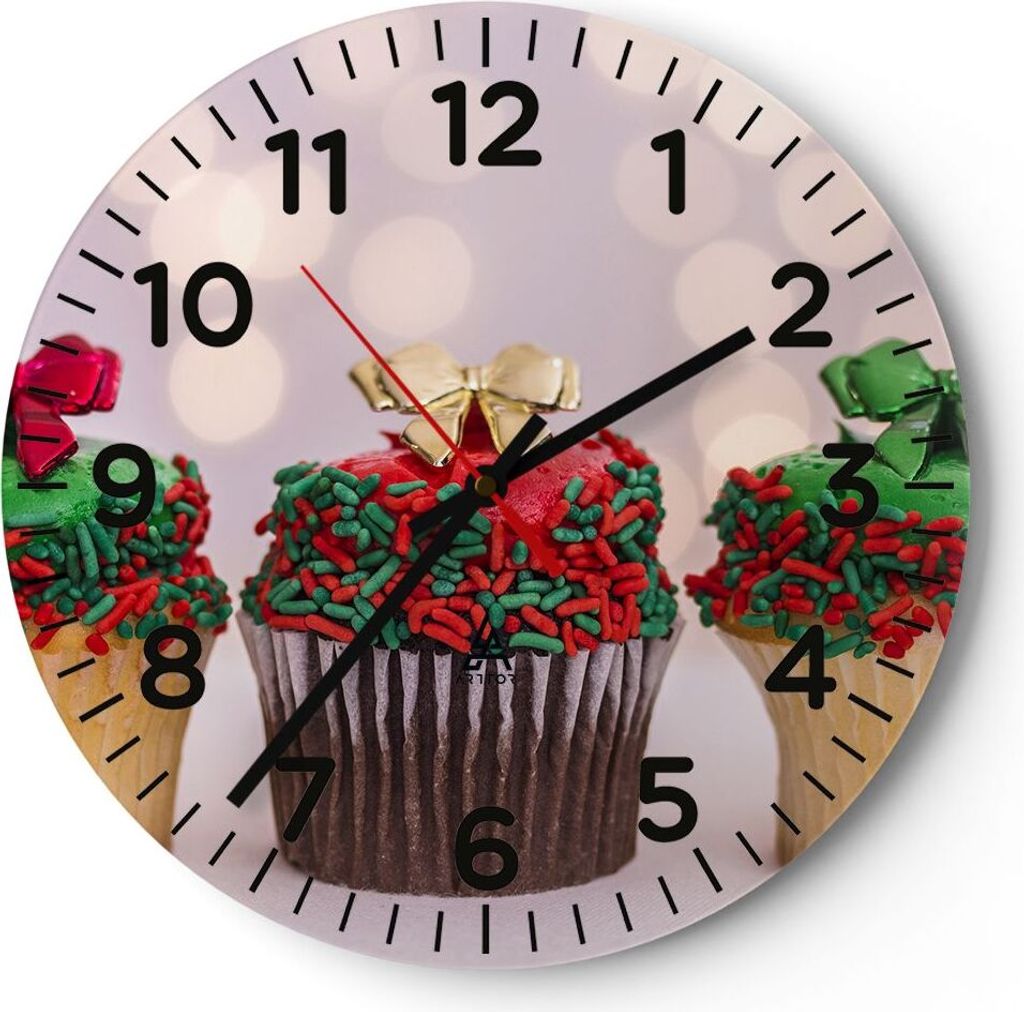 Wanduhr - Rund - Glasuhr - Cupcakes Dessert Kuchen gebacken - 30x30cm - Schleichendes Uhrwerk - Lautlos - zum Aufhängen bereit - Dekoration Modern...