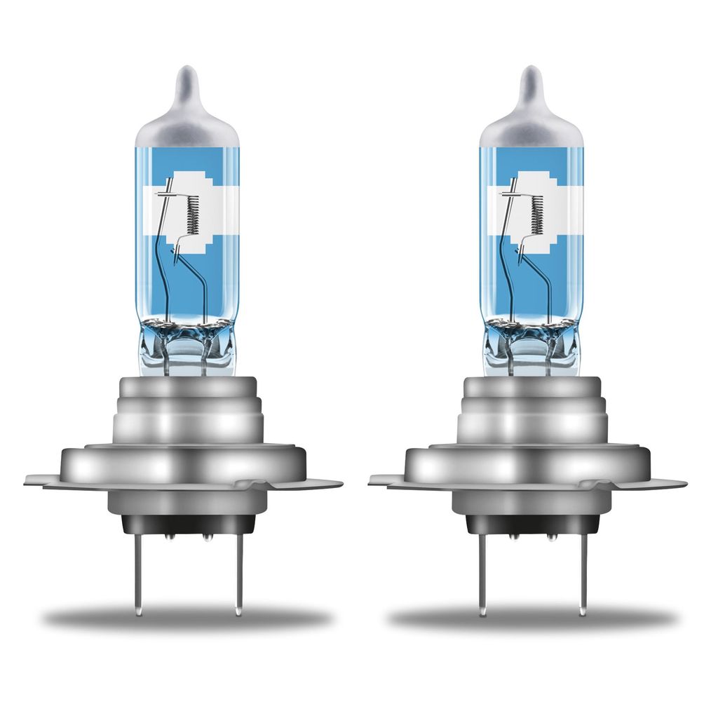 Two car headlight bulbs with the Argentinian flag design on the glass part, set against a white background.