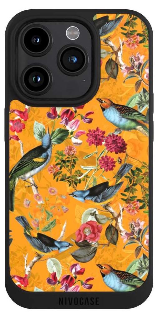 NIVOCASE Handyhülle für Apple iPhone 15 Pro Hülle NIVOpure Case Schwarz Blumen Dschungel Vogel