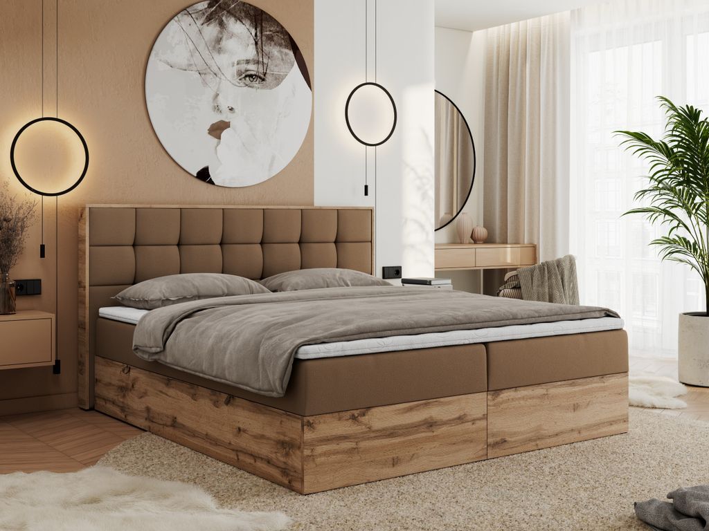 MKS MEBLE Boxspringbett 160x200 mit Bettkasten Eiche, Polsterbett 160x200 mit Matratze H3, Bett 160x200 mit Kopfteil, Eiche Wotan - 160x200 - Braun...
