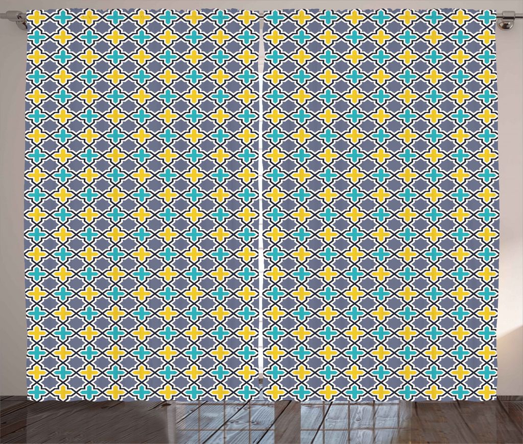 ABAKUHAUS Gitter Rustikaler Vorhang, Antik Retro-Muster, Wohnzimmer Universalband Gardinen mit Schlaufen und Haken, 280 x 245 cm, Himmelblau Gelb Lila
