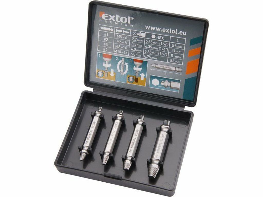 EXTOL PREMIUM 8801842 gebogener Schraubenausdreher-Satz mit 4 Stück, M5-14, HSS