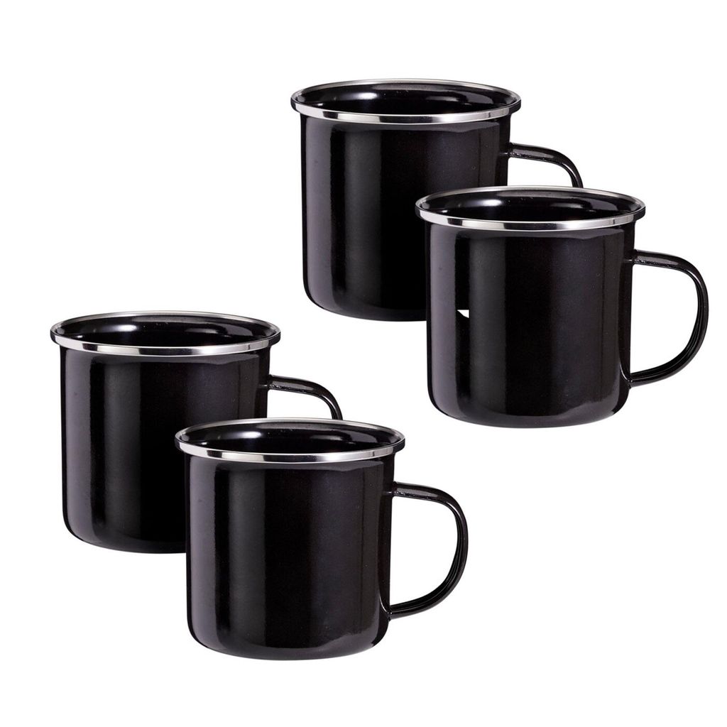 4er Set Emaille Becher 350 ml Schwarz mit Griff Tasse Produktbild 