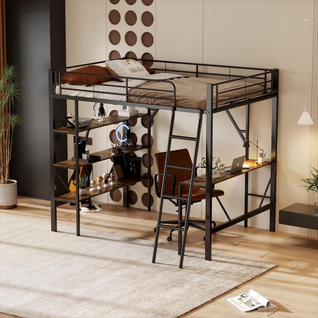 OKWISH Lit Mezzanine 90x200 cm, Bureau et Étagères, Métal, Image du produit 