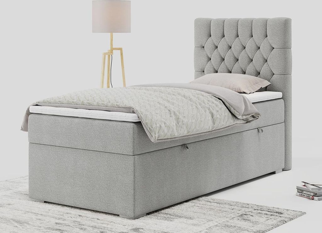 Einzelbett - Boxspringbett 90x200 mit Bettkasten und Matratzentopper - PERA 90 - rechts - Hellgrau - H3