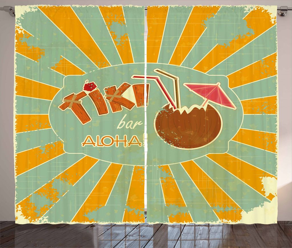 ABAKUHAUS Tiki Bar Rustikaler Gardine, Aloha-Spaß-Party, Schlafzimmer Kräuselband Vorhang mit Schlaufen und Haken, 280 x 245 cm, Mandelgrün Orange