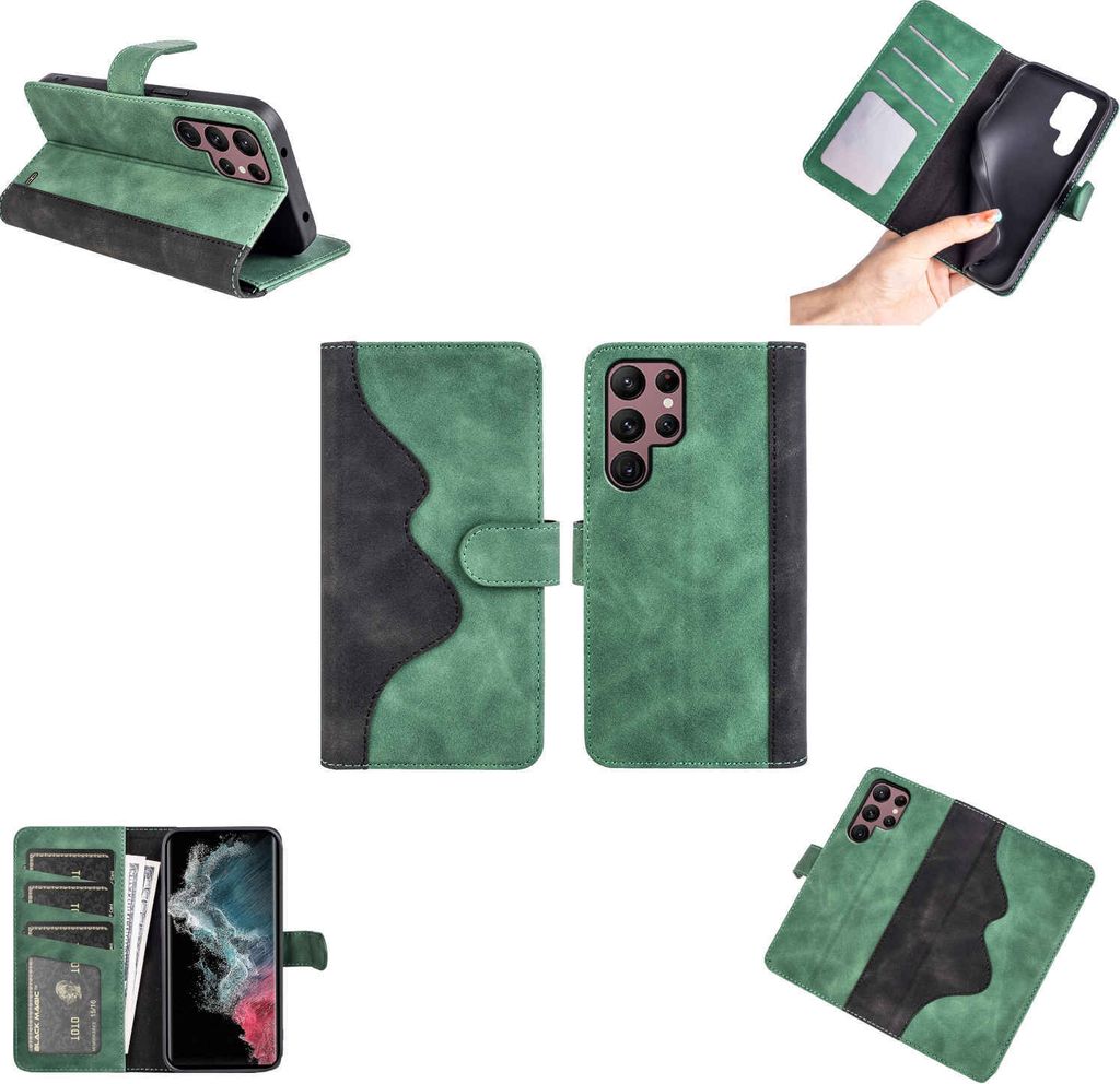 Für Samsung Galaxy S23 Ultra Design Handy Tasche Grün Etuis Kunst-Leder Hülle Cover