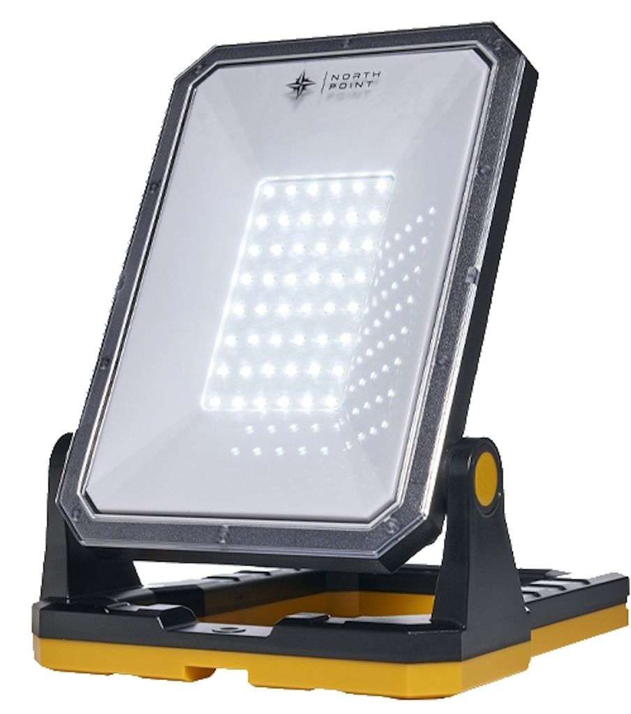 A portable LED work light on a stand.