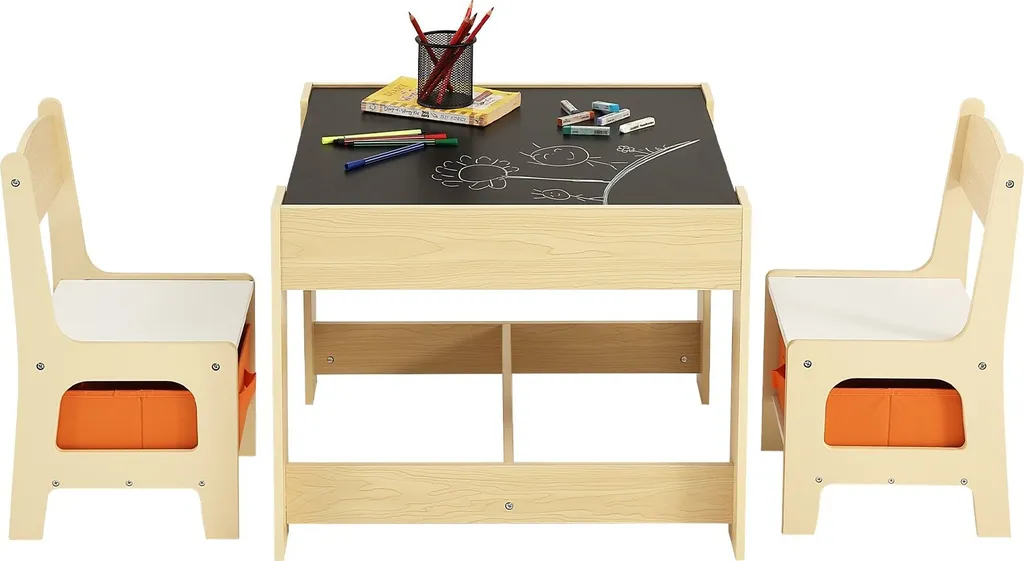 Set di sedute per bambini Tavolo per bambini, 2 sedie per bambini 1 tavolo Set di sedute per bambini in MDF di qualità P2, set di tavoli per bambini Robusti mobili per bambini con piano d'appoggio bifacciale e contenitore Set di mobili per bambini - 10