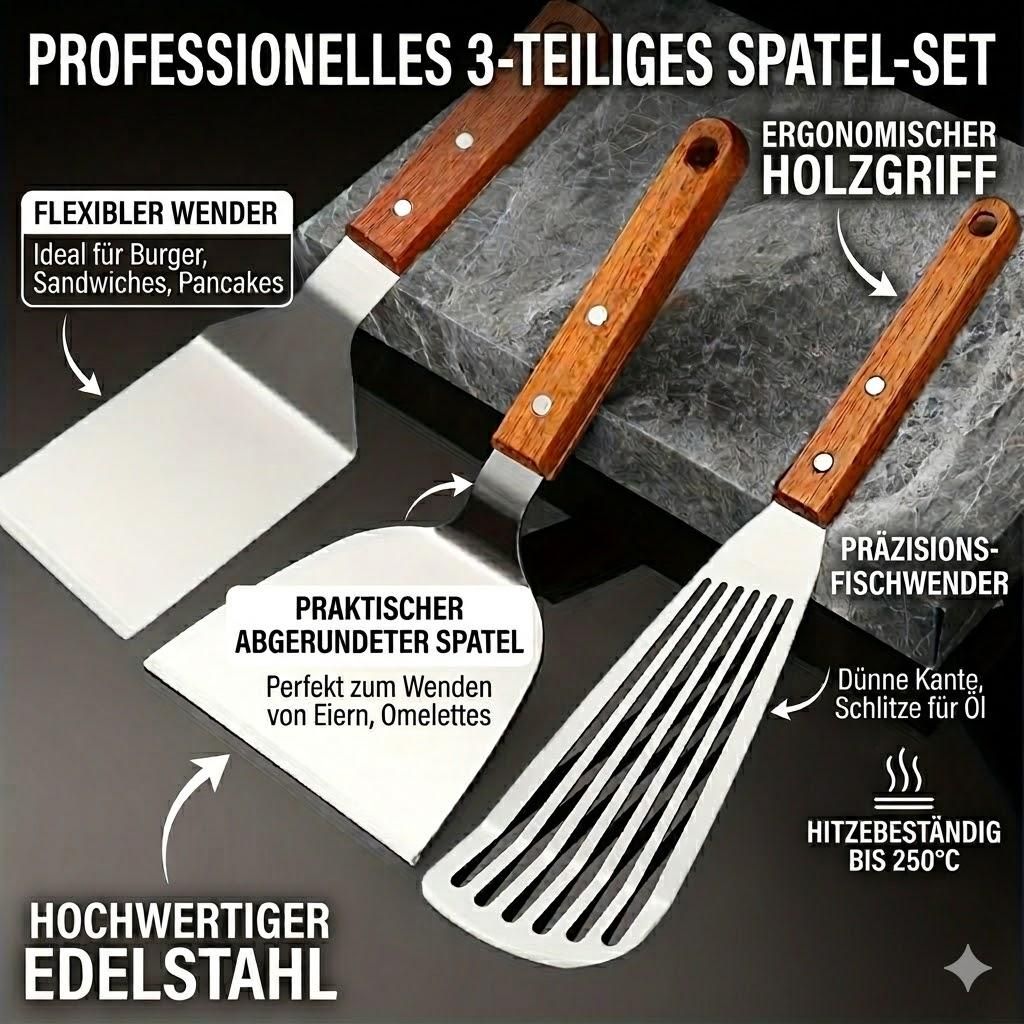 3er Set Pfannenwender Edelstahl Holzgriff Fischwender Grillspachtel Set