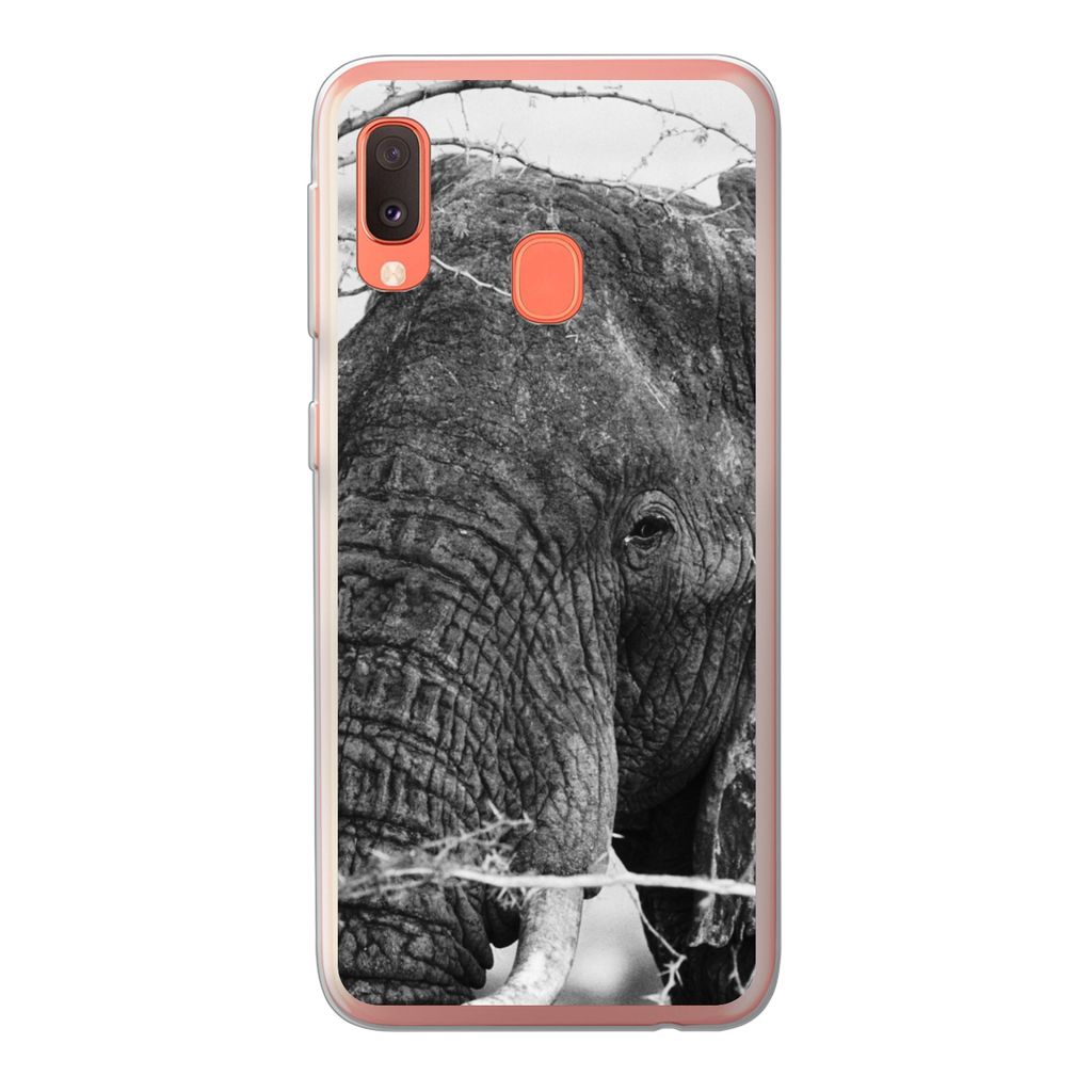 MuchoWow Handyhülle Schutzhülle Hülle für Samsung Galaxy A20e Elefant - Tiere - Äste - Natur - Schwarz und weiß Silikon Softcase Handy Hül...