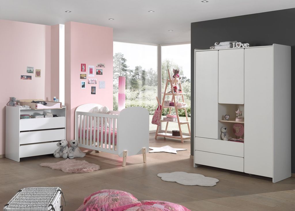 Vipack Babyzimmer Set Kiddy best. aus: Babybett 60 x 120 cm, Kommode Wickelaufsatz, Regal und Kleiderschrank 3-trg., Ausf. MDF weiß lackiert
