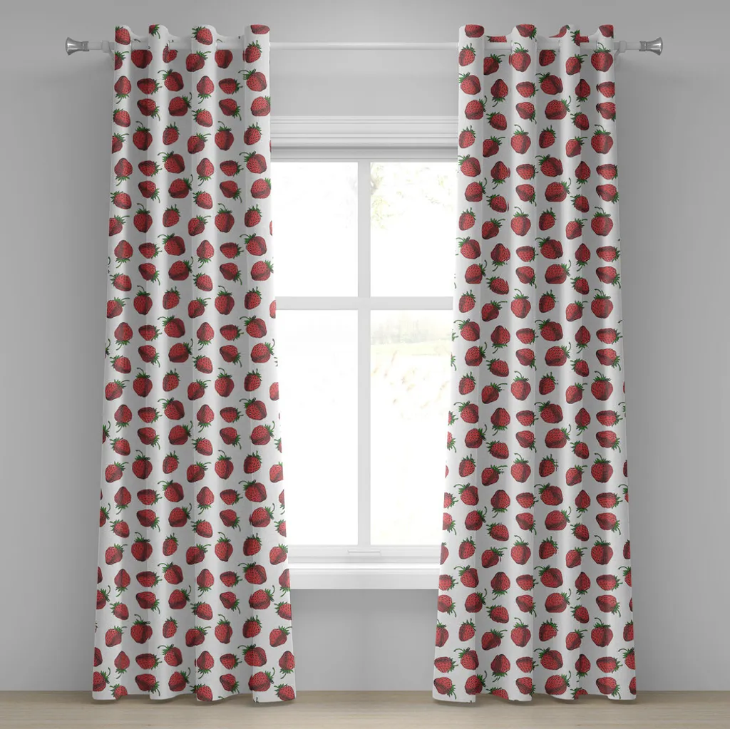 ABAKUHAUS Tenda con occhielli rossa e verde, vivace motivo a fragole disegnato a mano - fresco disegno estivo con frutta, tende decorative a 2 pannelli, 280 cm x 175 cm, verde bianco rosso