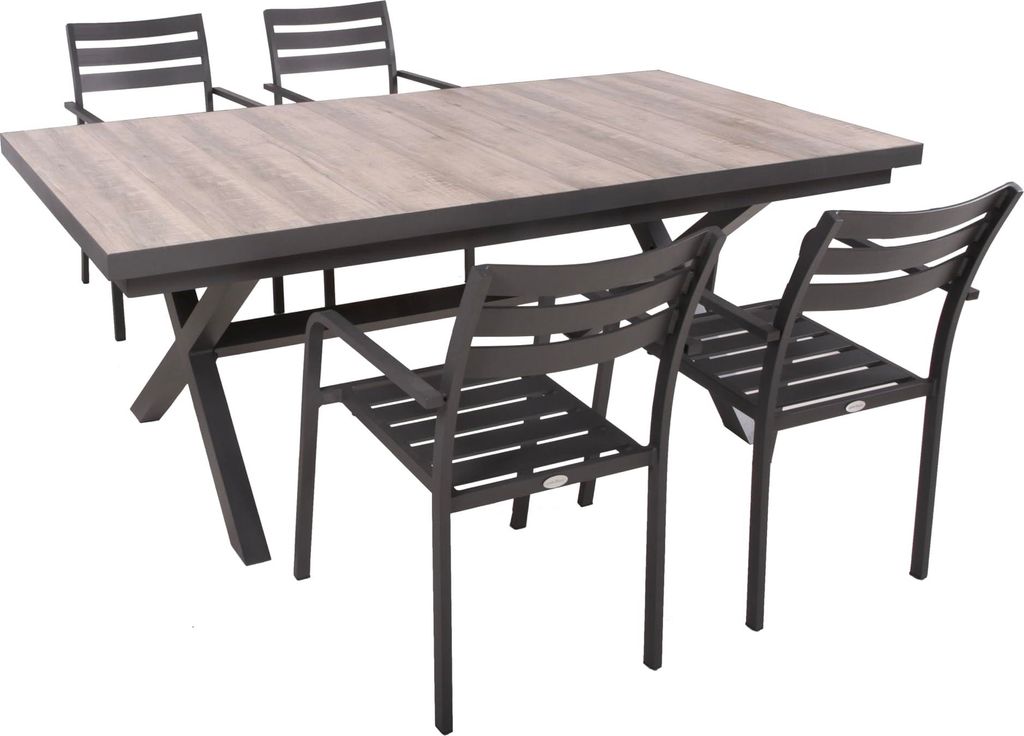 Garten-Sitzgruppe JANA 5-tlg. - Alu/Keramik, Eiche-Optik, Grau | Gartenmöbel-Set Gartengarnitur Garten-Essgruppe mit Stapelstühlen B und Esstisch