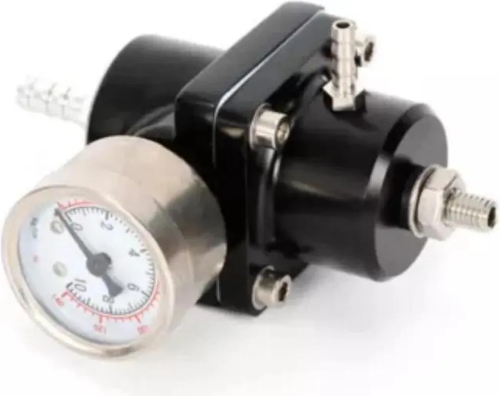 Regolatore di pressione carburante - Set - Pressione regolabile - 4 attacchi - Manometro - Tubo carburatore - Universale per auto - Per benzina - Nero - 6