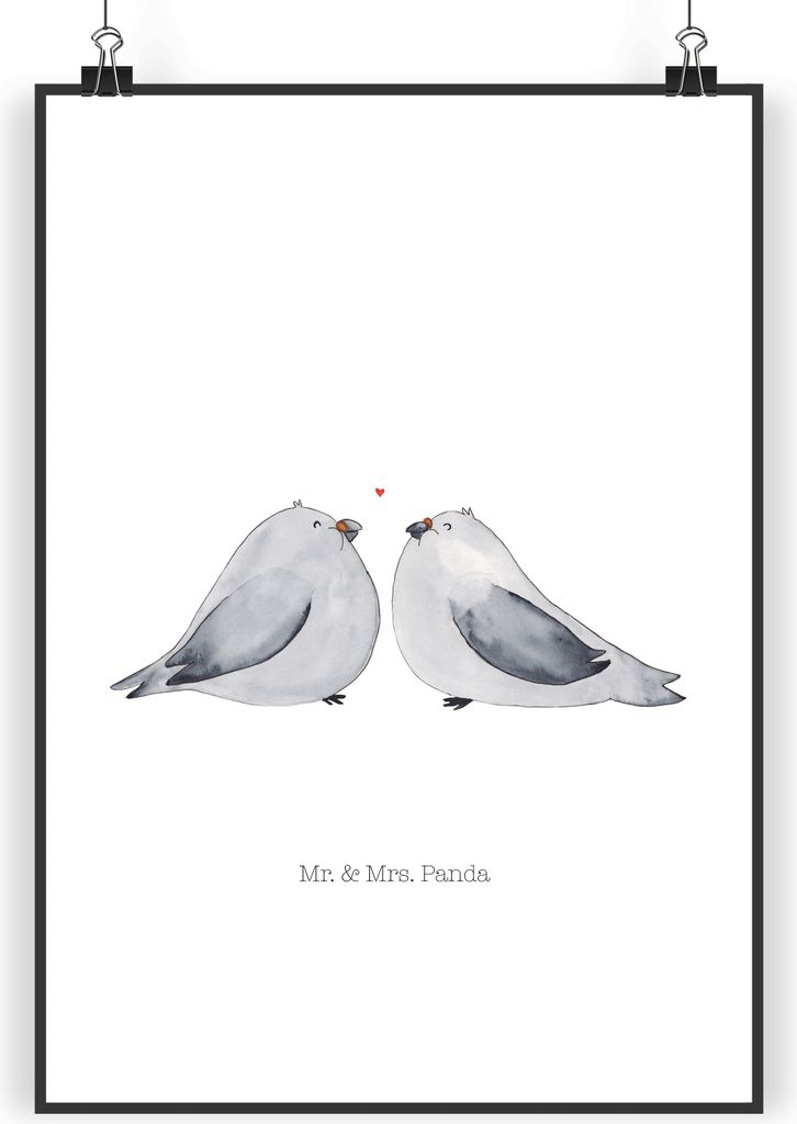 Mr. & Mrs. Panda Bild Turteltauben Liebe DIN A4 - Weiß - Geschenk, Wandbild, Freundin, Hochzeit, Plakat, Verheiratet, wanddeko, drucke, Tauben, Ho...