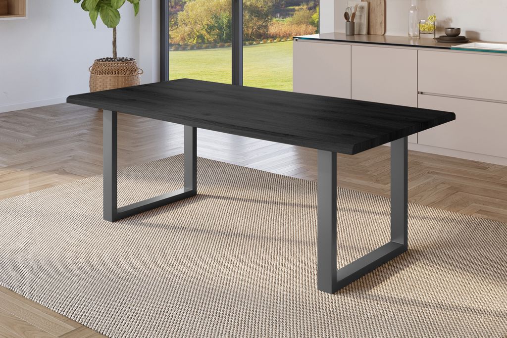 Esstisch 180x90 cm Baumkante Holz Grau-Optik U-Gestell Metall schwarz JULIUS