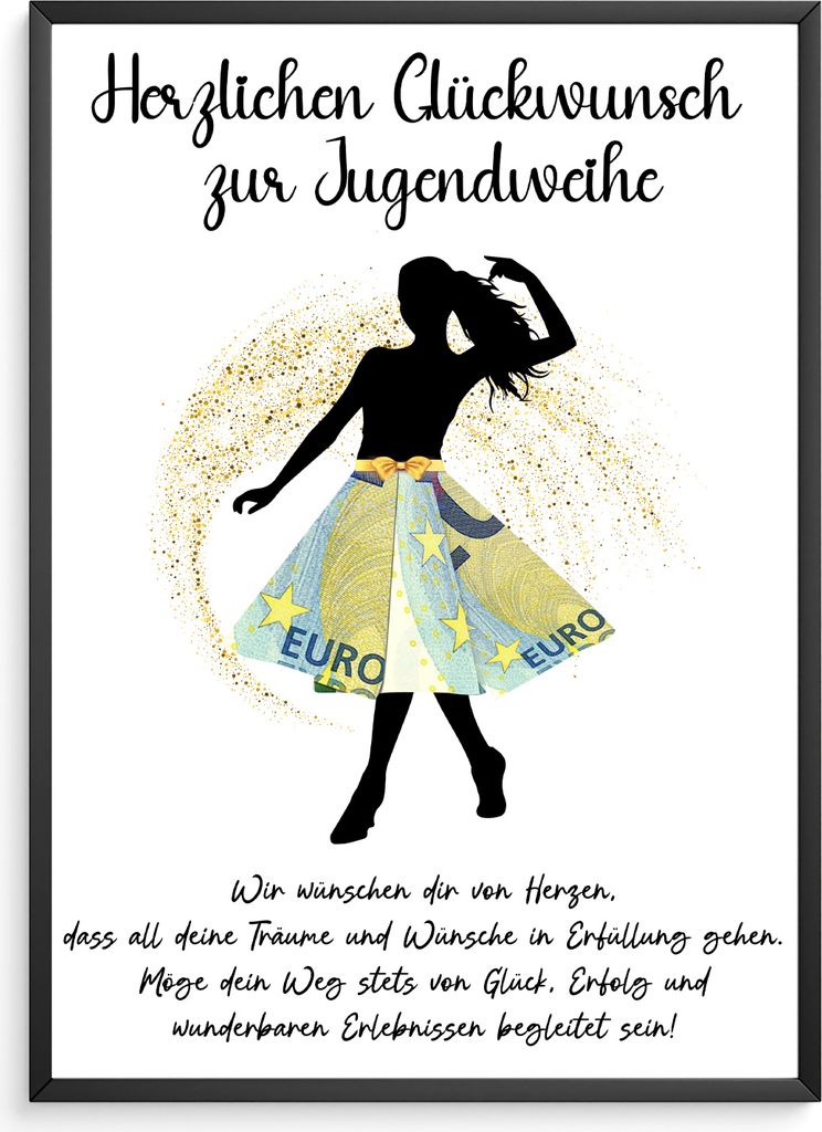 Geldgeschenk Jugendweihe Geschenk Mädchen Geldgeschenk Jugendweihe Karte Deko – DIN A4 + Rahmen schwarz