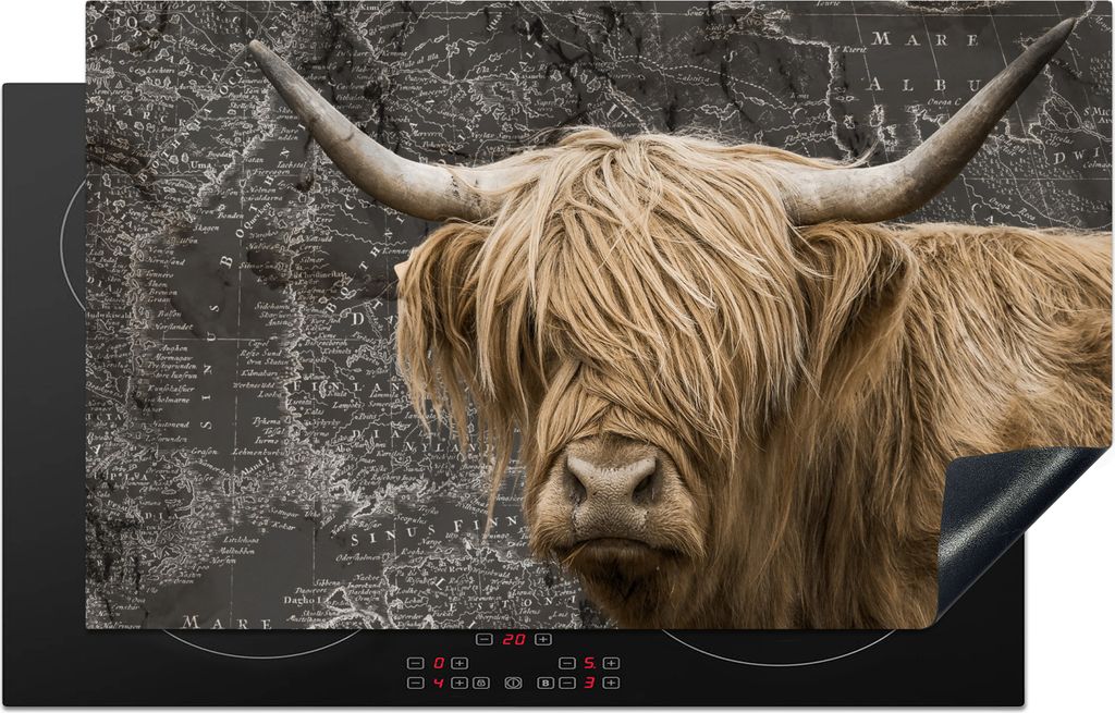 KitchenYeah Herdabdeckplatte Schottischer Highlander - Weltkarte - Tiere , 83x51cm, Küche Deko, Glaskeramikfeld Herdabdeckung, Abdeckplatte fùr...