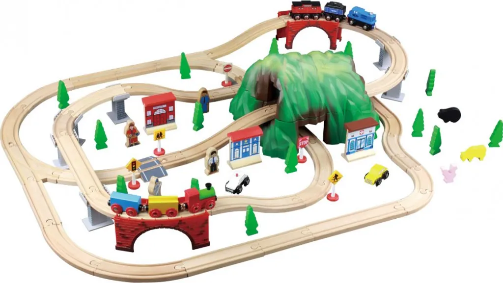 Maxim 50019 Circuit de train en bois avec tunnel de montagne 100 pièces