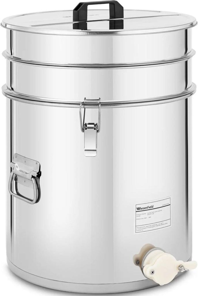 Expondo Wiesenfield Honigeimer - 30 L - mit Sieb, Deckel und Quetschhahn - Edelstahl