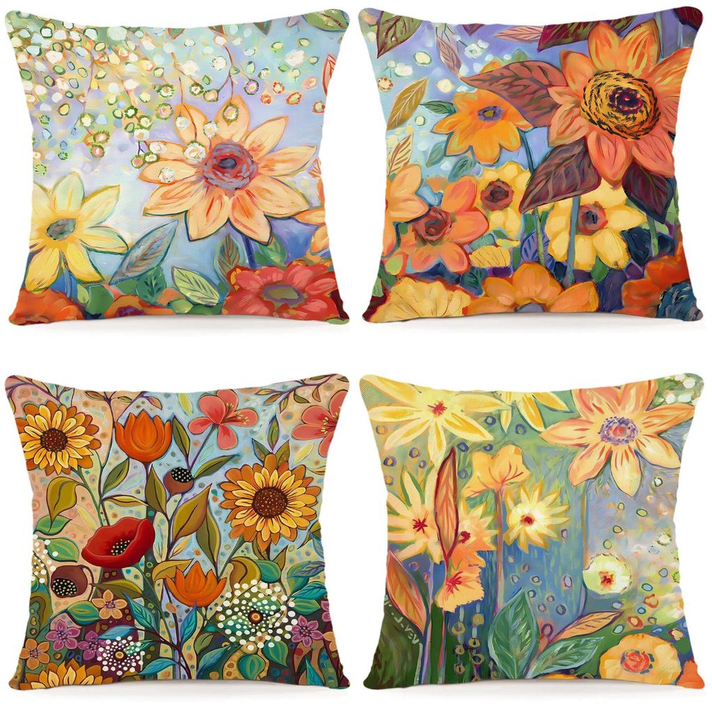 Set mit 4 Kissenbezügen mit Blumenmuster, 40x40 cm, Leinenkissenbezug, florales Aquarellbild für Sofa, Wohnzimmer