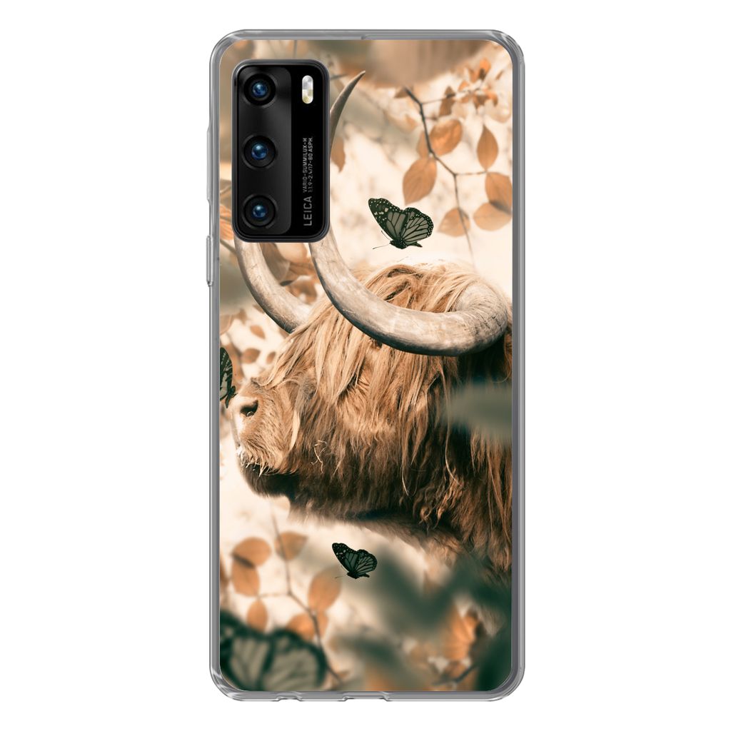 MuchoWow Handyhülle Schutzhülle Hülle für Huawei P40 Schottische Highlander - Schmetterlinge - Blätter Silikon Softcase Handy Hülle - Handy...