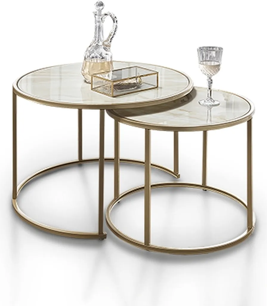Petite table basse ronde effet marbre blanc et pied métal 42x65cm